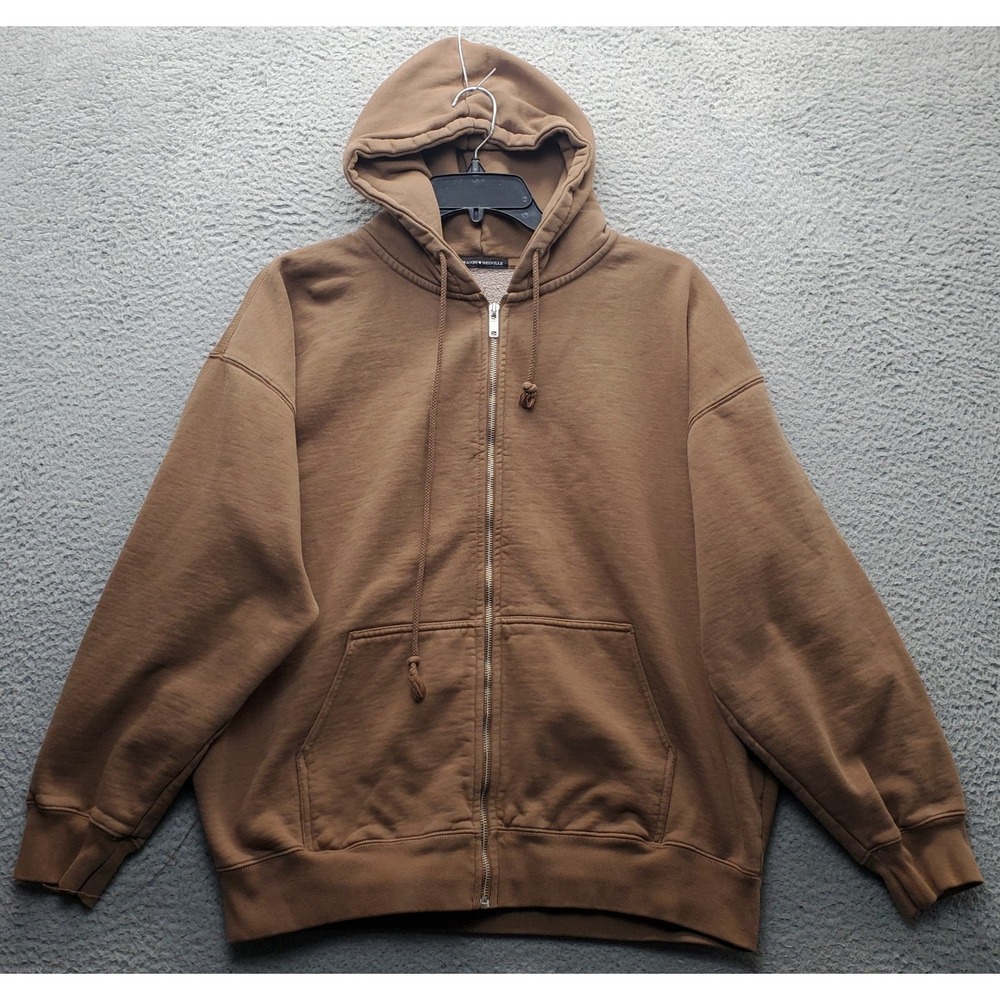 Brandy Melville Hoodie Womens XL Brown Fleece‎ Lined Relaxed Pouch Pocket Zip Up